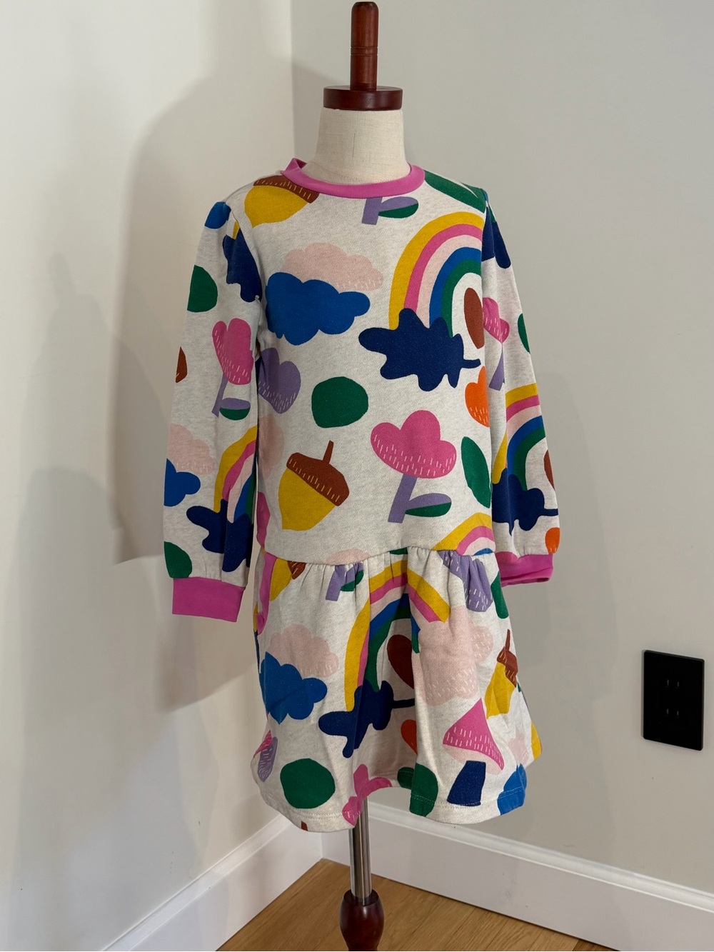 Mini Boden Girls Rainbow Heart Dress 8-9Y Colorful Long Sleeve Play Dress